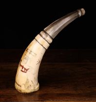 A 19th Century Folk Art Horn Powder Flask with Penwork decoration.