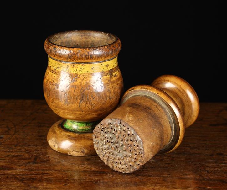 A Late 18th/Early 19th Century Treen Mortar Grater decorated with bands of coloured paint-work with - Image 2 of 2