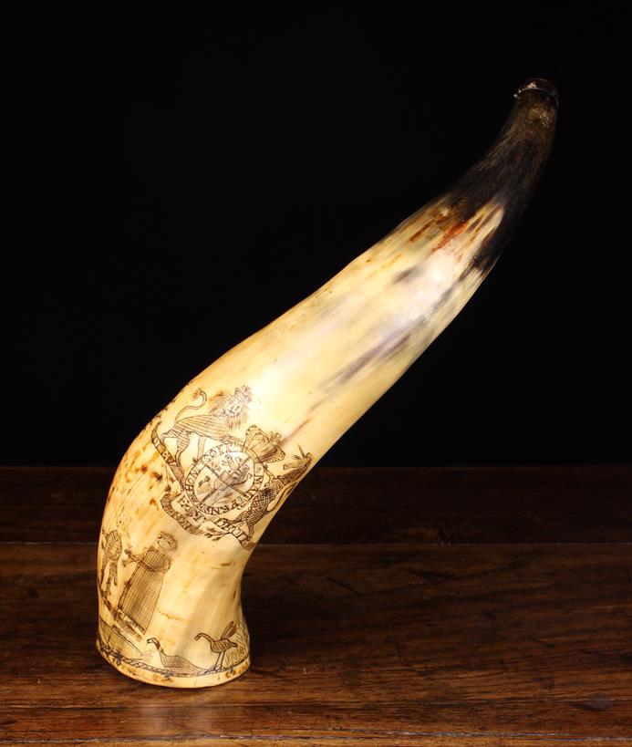 A Fabulous 19th Century Folk Art Engraved Cow Horn Powder Flask. - Image 3 of 4