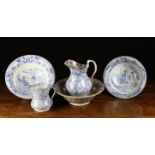 A 19th Century Blue & White Wash Bowl & Jug with sponged glaze, another sponged jug (A/F),