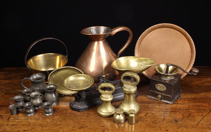 A Group of Copper & Brass Kitchenalia: A Victorian copper gallon measure.