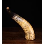 A Fabulous 19th Century Folk Art Engraved Cow Horn Powder Flask.