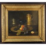 A 19th Century Oil on Canvas in the Dutch Style, depicting a gilded repoussé charger of grapes,