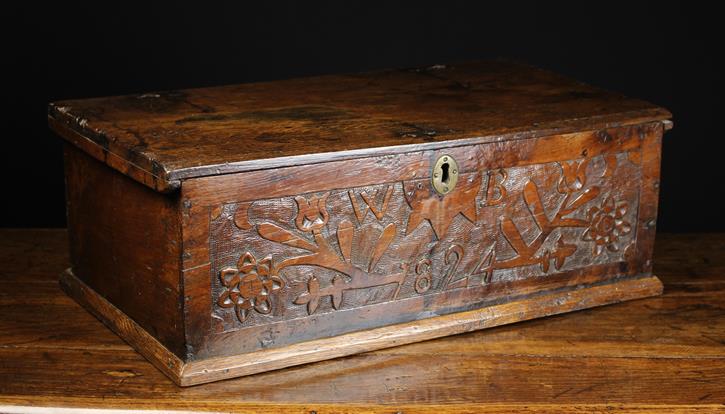 A Fine 18th Century Boarded Oak Desk Box with 19th Century Folk Art Carving. - Image 2 of 3