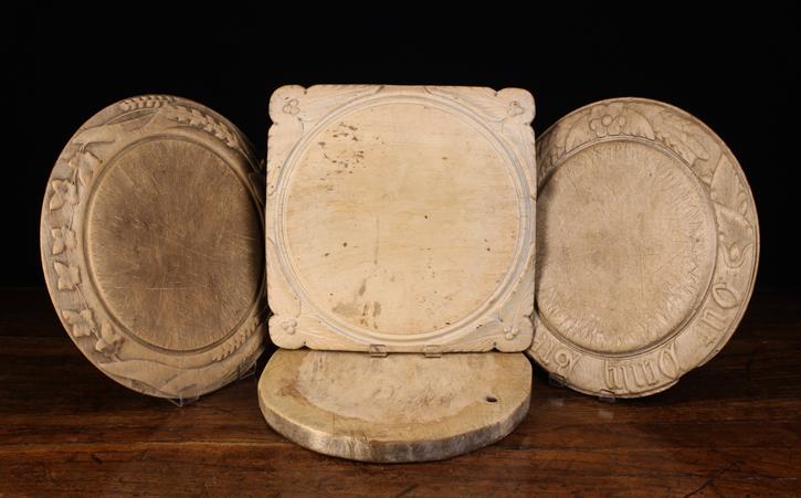 Four Vintage Sycamore Bread Boards: Three round and one square.