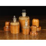 Three 19th Century Glass Chemist Jars in turned boxwood cases of rich colour & patination.