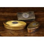 Three Antique Horn Snuff Boxes inset with white metal plaques: One of rectangular form inset with a