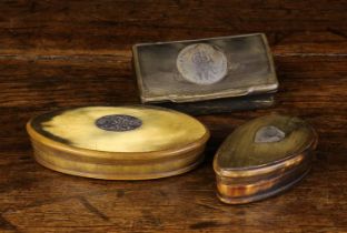 Three Antique Horn Snuff Boxes inset with white metal plaques: One of rectangular form inset with a