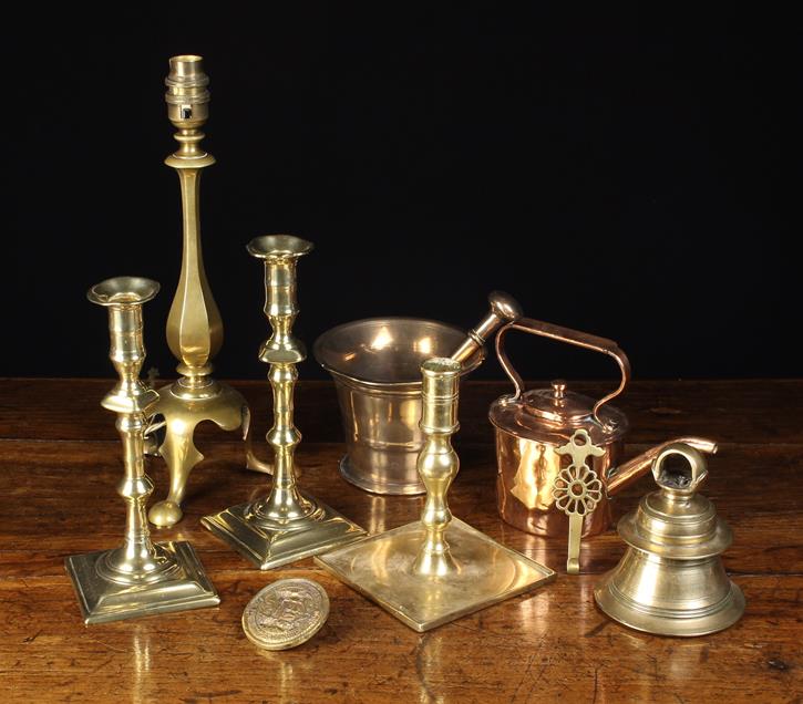 A Group of Brass-ware etc: A Pair of 18th century candlesticks 9" (23 cm) in height,