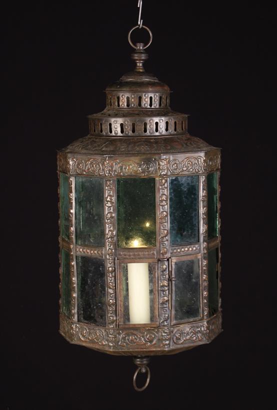 A Large 19th Century Bronze Patinated Sheet Metal Lantern embossed with Renaissance style