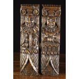 A Pair of 17th Century Ornamental Terms: The figural pilaster appliqués carved as a caryatid &