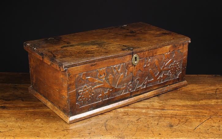 A Fine 18th Century Boarded Oak Desk Box with 19th Century Folk Art Carving.