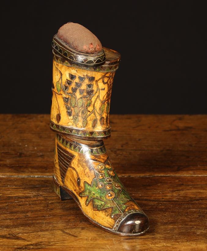 A Delightful 19th Century Folk Art Wooden Boot Last/Pin Cushion. - Image 4 of 4