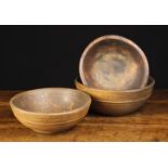Three Vintage Lathe-Turned Elm Bowls, dark stained : The largest 4" (10 cm) high, 10" (25.