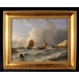 Wilson. An Oil on Panel: Marine Scene with sailing boats off coast and dark skies beyond.