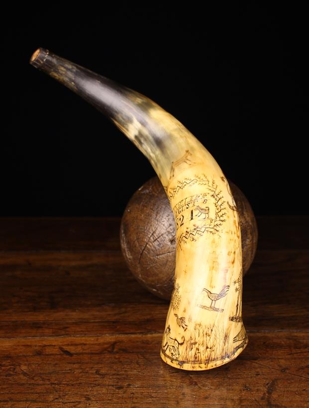 A Fabulous 19th Century Folk Art Engraved Cow Horn Powder Flask. - Image 4 of 4