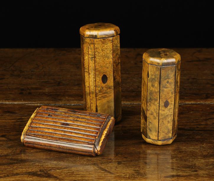 Three Fine 19th Century Burr Wood Snuff Boxes: Two of long octagonal form with a rotating lid to