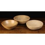 Three Vintage Lathe-Turned Elm Bowls: The first 3" (7 cm) high, 9½" (24 cm) in diameter,