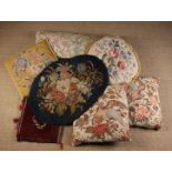 A Group of Decorative Cushions with Needlework Covers: A pair depicting birds of prey in