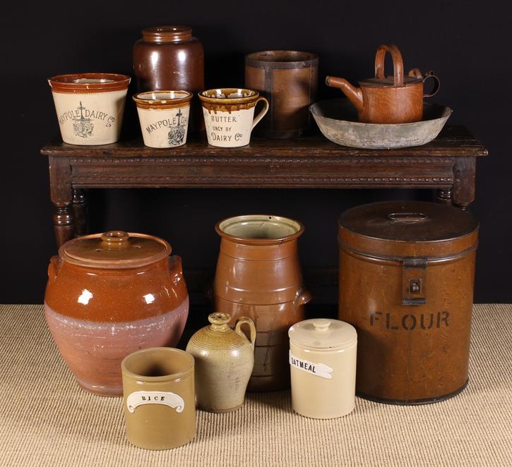 A Group of Earthenware & Tin Kitchen Vessels: A large partially glazed terracotta bread crock with