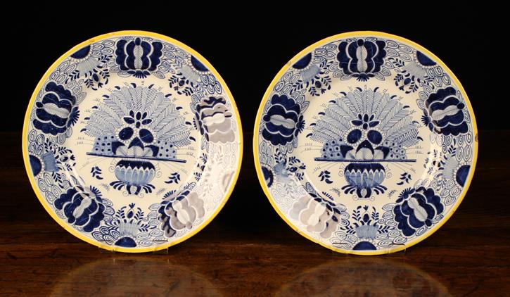 A Pair of Late 18th Century Blue & White Delft Plates decorated with 'Peacock feather' design and