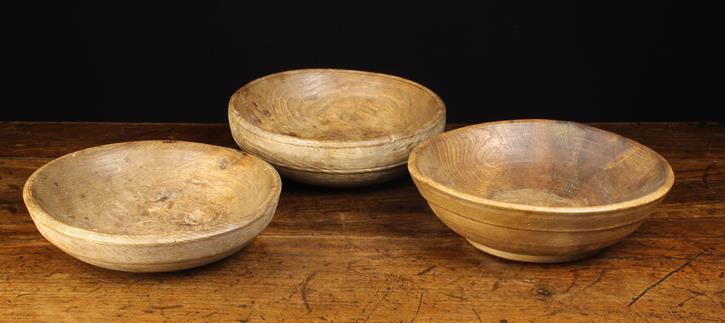 Three Shallow Vintage Lathe-Turned Elm Bowls: The first 3" (7.5 cm) high, 10½" (26.