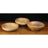 Three Shallow Vintage Lathe-Turned Elm Bowls: The first 3" (7.5 cm) high, 10½" (26.