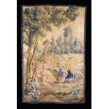 An 18th Century Aubusson Tapestry Fragment depicting a small gathering of figures in a rural