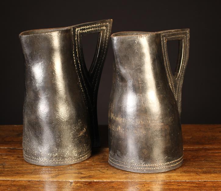 Two Early 19th Century Leather Black Jacks with cut out angular handles and double stitched seams. - Image 3 of 6