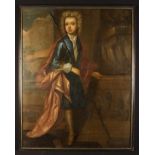 An 18th Century Oil On Canvas: Full Length Portrait of a Young Boy in a blue velvet frock coat and