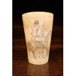A 19th Century Horn Beaker engraved with a corpulent man riding a horse and inscribed 'The Bull