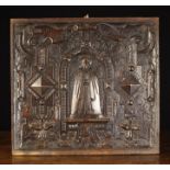 A Fine Late 16th / Early 17th Century Carved Oak Panel centred by the figure of a woman wearing a