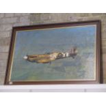 An oil on board of Spitfire in flight, signed Gerard M Bauer 1976, frame size 69cm x 99cm, in good