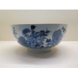 A Chinese 18th century blue and white peony and pomegranate decorated bowl, 26.5cm x 26.5cm, three