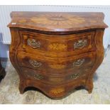 A marquetry inlaid 19th century style bombe shaped three drawer chest, 88cm tall x 102cm x 50cm