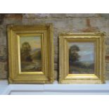 Two landscape oil on board paintings initialled JB, in ornate gilt frames, one under glass,