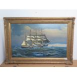 C A De Vries Dutch 20th Century oil on canvas of a three mast sailing ship, signed and dated 73 in a