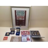 A framed 1954 coin and banknote set and other coinage including four coin collections