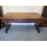A 19th century mahogany library table with leather inset top over two drawers on twin supports