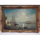 An oil on board of sailing ships in harbour, signed Richard Temple, in a gilt swept frame 61cm x