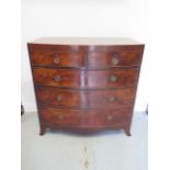 A 19th century mahogany bow fronted five drawer chest on splayed bracket feet in restored condition,