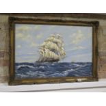 An oil on canvas of The Tea Clipper Katie Carnie under full sale racing another clipper, signed R