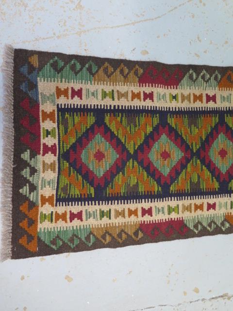A hand knotted woollen Maimana Kilim runner, 210cm x 63cm - Image 2 of 3