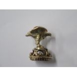 A yellow metal bird fob, 2.5 cm tall, approx 8 grams, in good condition