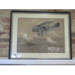 A watercolour of a bi-plane, signed FE Hiley, in an ebonised frame, overall 56cm x 68cm, some fly