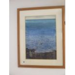 Paul Lewin, watercolour, looking out to sea from cape, Cornwall seascape, frame size 70cm x 56cm