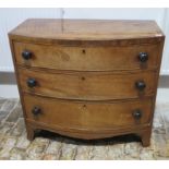 A mahogany 3 drawer bowfronted chest on bracket feet, 81cm tall x 90cm x 47cm, in good polished