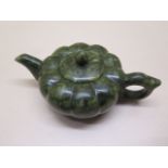 A Chinese 20th century carved soap stone teapot and cover, 7cm x 18cm, small flaw to lid otherwise