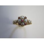 A 14ct 585 pearl and ruby yellow gold ring, size P, approx 3.7 grams, in good condition