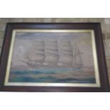 An oil on canvas of a sailing ship, signed Johansen, dated 1910, frame size 67cm x 92cm, damage to
